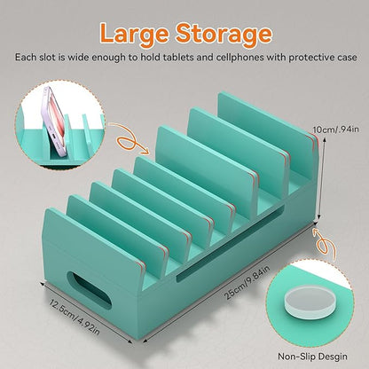 Pezin & Hulin Bamboo Charging Station with Watch Stand, Docking Holder for Multi Device with 5 Port USB Charger HUB, 5 Charge Cables, Desktop Electronic Organizer for Cellphone, Tablet, Watch-Teal