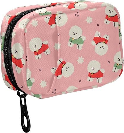 Fustylead Cute Cartoon White Fluffy Bichon Frise Dog Wearing Sweater Pill Organizer for Purse, Weekly Portable Pill Box with Zipper to Storage Vitamins Fish Oils Medications Supplements