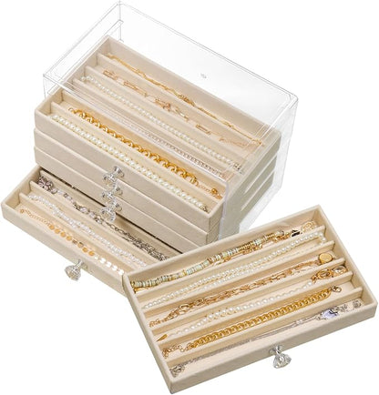 SPAKOWN Necklace Organizer Box, Velvet Necklace Box Holder Tray with Clear Lid Chains Showcase Stackable Necklace Storage for Pendant Bracelet (5 Drawers - Beige)