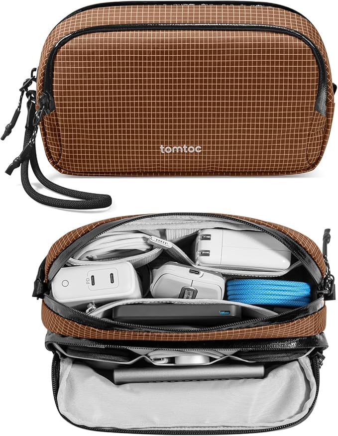 tomtoc Electronic Organizer Travel Case Performance, Water Resistant Dual Compartment Cable Organization Storage Bag for Charger, Cord, Phone, Hard Drive, Power Bank, Accessories Travel Essentials