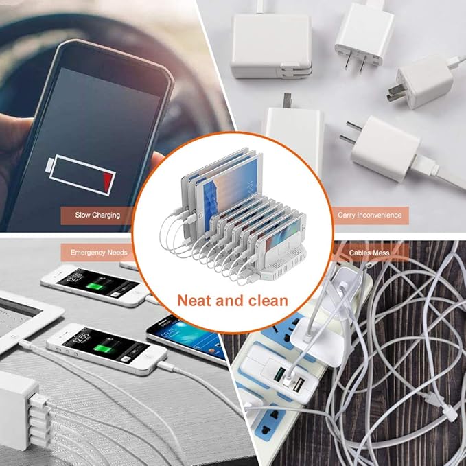 Alxum iPad Charging Station, 96W 10 Port USB Charging Station for Tablet and More Multi Devices Organizer with Detachable Dividers, White