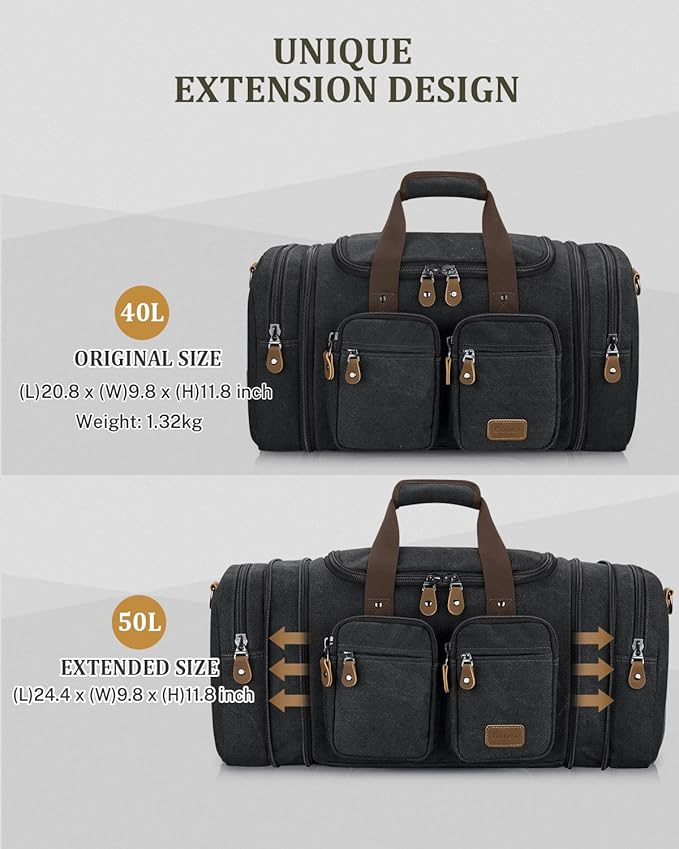 Gonex Canvas Duffle Bag for Travel, Expandable Water Resistant 60L Carry on Duffel Overnight Weekender Gym Bag with Wet Dry Separation Pocket & Suitcase Handle Sleeve, Dark Grey