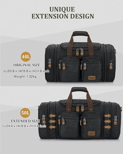 Gonex Canvas Duffle Bag for Travel, Expandable Water Resistant 60L Carry on Duffel Overnight Weekender Gym Bag with Wet Dry Separation Pocket & Suitcase Handle Sleeve, Dark Grey