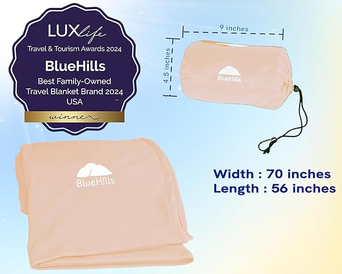 BlueHills Ultra Compact Travel Blanket Pillow for Airplane Traveling Essential Long Flight Trip Throw in Bag Portable Case Large Plane Accessories Beige - C007