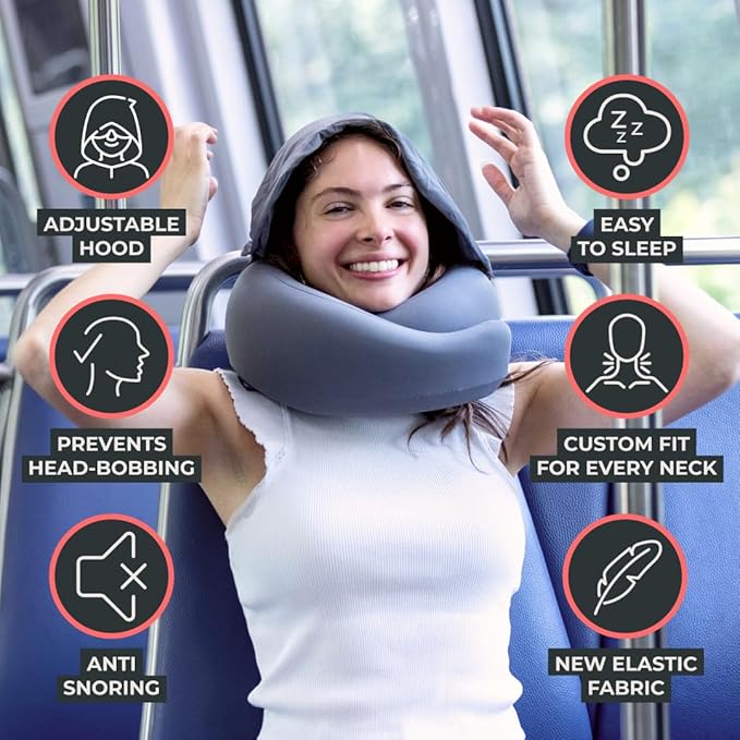 FlyHugz® 2.0 Hooded Travel Pillow – 2025 Original Release – Memory Foam Neck Pillow with Adjustable Hood & Premium Elastic Washable Cover – First Class Comfort for Flights, Road Trips & Sleep-Gray.