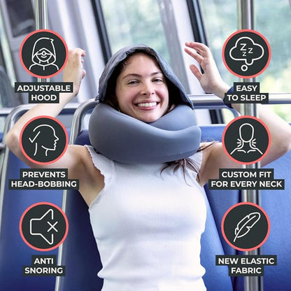 FlyHugz® 2.0 Hooded Travel Pillow – 2025 Original Release – Memory Foam Neck Pillow with Adjustable Hood & Premium Elastic Washable Cover – First Class Comfort for Flights, Road Trips & Sleep-Gray.