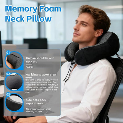 Travel Neck Pillow for Airplane, Memory Foam Travel Pillow for Long Flights & Car Rides - Ergonomic Support with Eye Mask & Ear Plugs