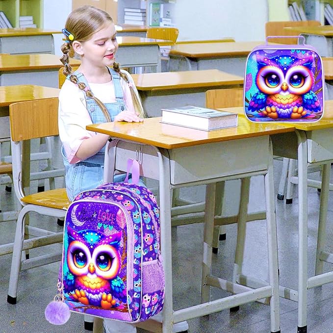 WZLVO 3PCS Backpack for Girls, 16" Kids Owl Preschool Bookbag with Lunch Box，Cute Animal Water Resistant School Backpacks Set for Elementary Kindergarten