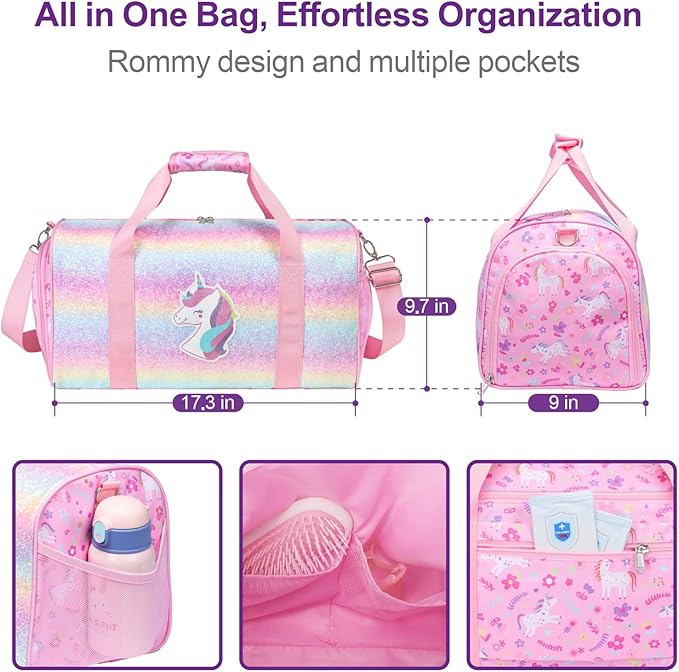 Bagseri Dance Bag for Girls - Ballet Tote with Shoes Compartment, Kids Duffle Bag for Overnight Travel with Dry Wet Separation Pockets（Glitter Unicorn, Pink）