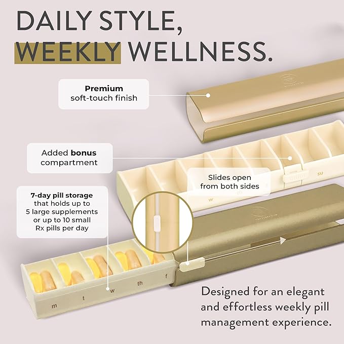 Pretty Pill Box Set - Stylish, Compact Daily Pill Organizer, Medication Pill Case, Pill Container for Vitamin Management, Pill Holder, Travel Essentials for Women & Men - Champagne