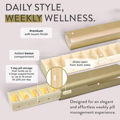 Pretty Pill Box Set - Stylish, Compact Daily Pill Organizer, Medication Pill Case, Pill Container for Vitamin Management, Pill Holder, Travel Essentials for Women & Men - Champagne