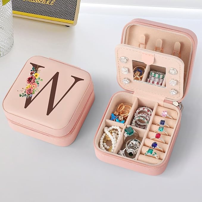 Parima Granddaughter Gifts - Granddaughter Birthday Gifts, Personalized Gifts for Granddaughter, Pink Initial Travel Jewelry Case Jewelry Box - Letter W, Pink