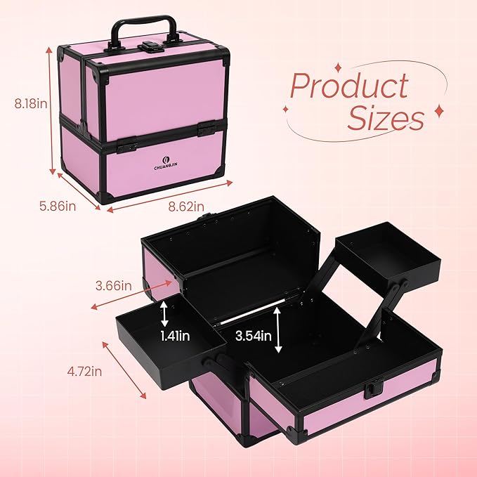 Makeup Train Case 2 Trays Makeup Box Organizer Portable Travel Makeup Case Lockable Makeup Storage Organizer Cosmetic Box for Jewelry Nail Tech Brushes Accessories Tool,Black Pink Pro