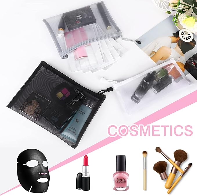12 Pieces Zipper Nylon Mesh Pouch, Mesh Cosmetic Bags Makeup Bags Pencil Case, Multipurpose Travel Bags for Cosmetic School Office Supplies and Travel Accessories (Black,White,Grey, A5+B6)