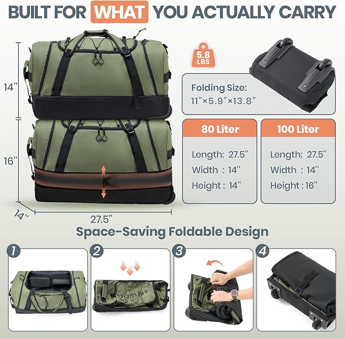 Fanwoli 85L 100L Large Rolling Duffle Bag with Shoes Compartment, 30’’ Expandable & Foldable Heavy Duty Water Resistant Travel Backpack, Convertible Foldable Duffel for Gym Camping Weekender