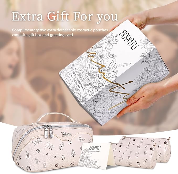 BOYATU Travel Makeup Bag Cosmetic Bags for Women: 3 Pcs Set Portable Make up Bag with Handle - Vegan Leather Toiletry Bags with Compartments - Makeup Organizer for Travel Essentials(L-4-White)