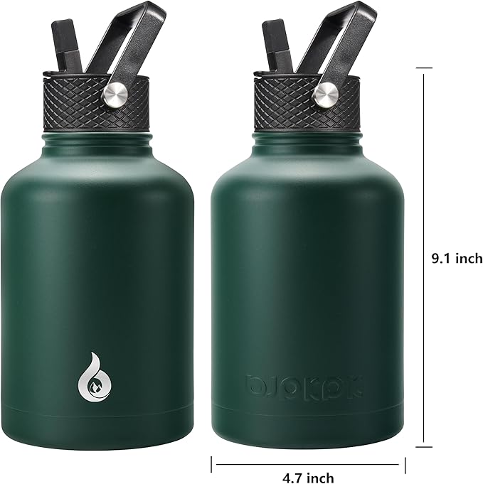 BJPKPK Insulated Water Bottles with Straw Lid, 50oz Large Water Jug, Stainless Steel Vacuum Bottles, Hot & Cold Thermo with 3 Lids and Paracord Handle,Army Green