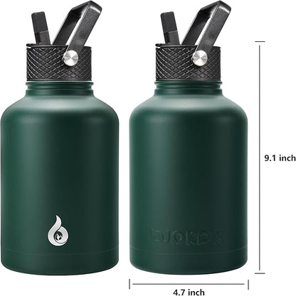 BJPKPK Insulated Water Bottles with Straw Lid, 50oz Large Water Jug, Stainless Steel Vacuum Bottles, Hot & Cold Thermo with 3 Lids and Paracord Handle,Army Green