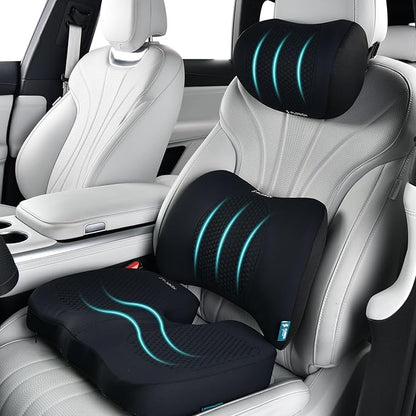FLORICH 3 PCS Seat Cushion for Carseat Lumbar Support Pillow Car Neck Headrest Pillows Memory Foam Gel Memory Foam Massage Point Seat Pads Pressure Relief Back Cushion for Office Chair(Black)
