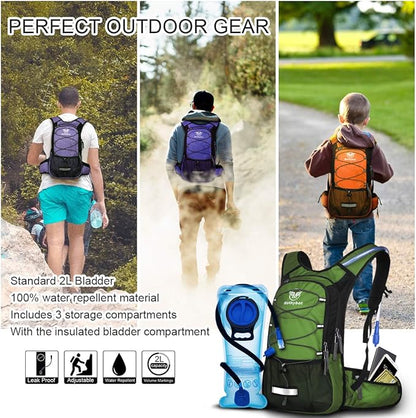 Insulated Hydration Backpack Pack with 3L BPA Free Leak Proof Water Bladder, Large Storage Lightweight Hiking Daypack with Waist Pouches & Cooler Layer, for Running, Biking, Camping, Festival