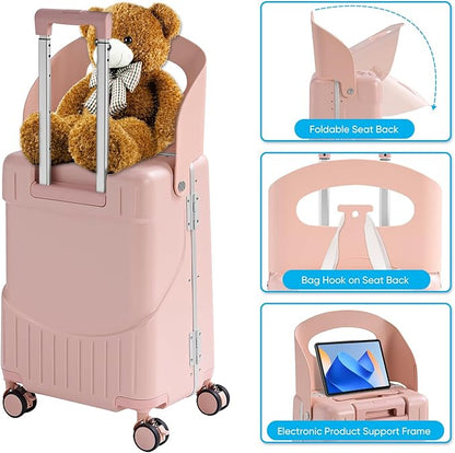 20'' Luggage with Child Seat, Ride On Suitcase with Shockproof Silent Spinner Wheels, TSA Lock, Carry On Luggage with Foldable Backrest, Bag Hook for Kids.
