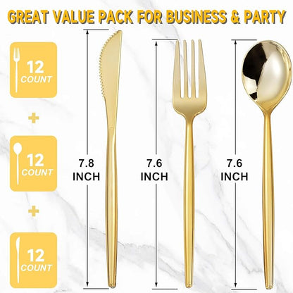 MirthMood 36 PCS Gold Plastic Silverware,Gold Silverware Disposable,Disposable Utensils Heavy Duty,Plastic Cutlery Set,Includes:12 Knives, Forks and Spoons for Party, Birthday,Wedding