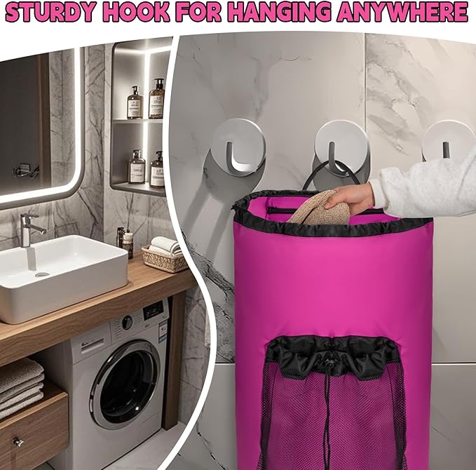 Laundry Bag Backpack with Shoulder Straps and Mesh Pocket Foldable Clothes Hamper Bag with Drawstring Closure for College, Apartment, Laundromat (Pink)