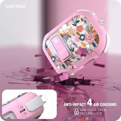 WENEW for AirPods Pro 3 Case (2025) Cover Secure Lock Automatic Snap Switch Clip Cleaner Kit Lanyard Women Stylish Flower Hard Shell Full Body Front LED Visible (Pink Flower, AirPods Pro 3)