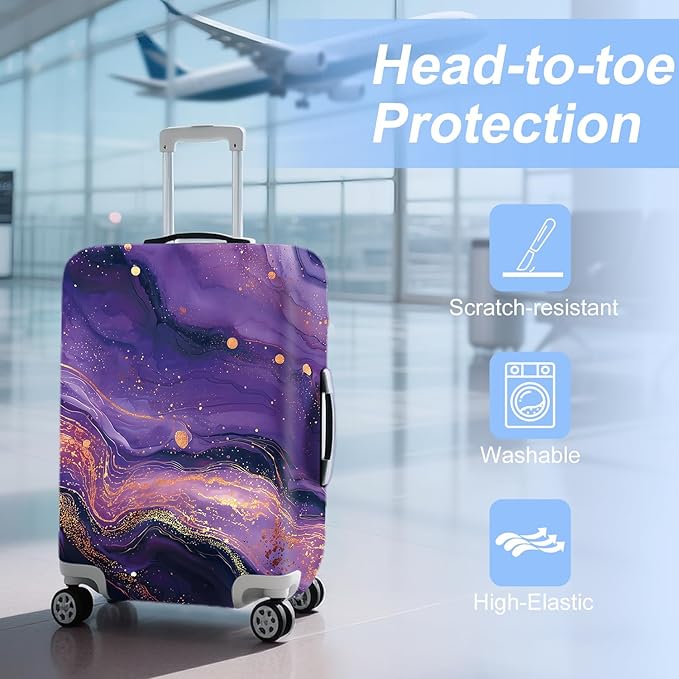 FOREVER QUEEN Luxury Purple Gold Marble Luggage Cover Suitcase Protector Suitcase Cover Anti-Scratch,Stretchable Bag Cover Washable Durable Polyester