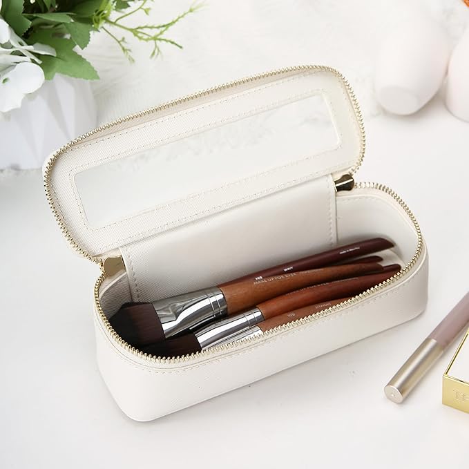 Aveniee Clear Makeup Brush Bag,Slim Cosmetic Brush Holder,Small Toiletry Bag Mini Travel Case for Women,Thin Make up Bags with Dual Zipper,Cute Travel Essentials Organizer,White
