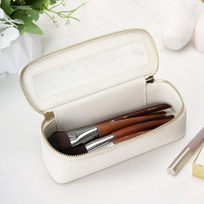 Aveniee Clear Makeup Brush Bag,Slim Cosmetic Brush Holder,Small Toiletry Bag Mini Travel Case for Women,Thin Make up Bags with Dual Zipper,Cute Travel Essentials Organizer,White
