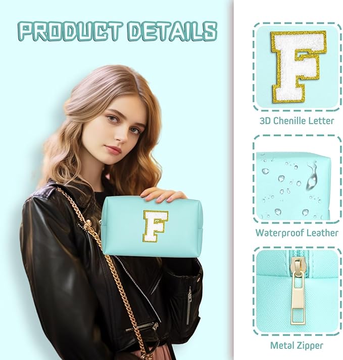 TOPEAST Preppy Stuff for Girls, Initial Makeup Bag Chenille Letter Pouch Cosmetic Bag with Zipper, PU Leather Waterproof Toiletry Bag, Cute Stuff Birthday Gift for Friends Sister (Blue T)