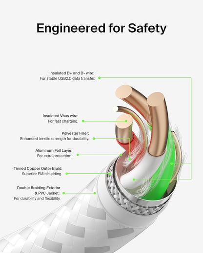 Belkin BoostCharge Braided USB-C to USB-A Charging Cable (3.3ft/1M) for iPhone 17 & 16 Series, Samsung Galaxy S25 Series, Google Pixel 10, iPad Pro, Nintendo Switch 2, Carplay, & More - White (2-Pack)