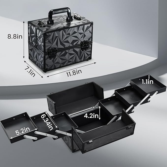 FRENESSA Makeup Train Case Makeup Case 11.8 Inch Large Cosmetic Box Organizer Travel Storage Professional Make Up Train Carrying Case with 6 Trays Locking Hard Vanity Storage Dark Black