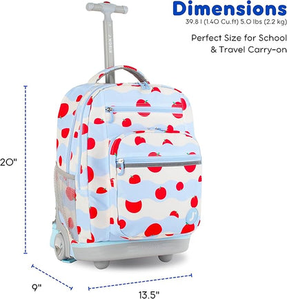 J World Sundance Laptop Rolling Backpack for Girls Boys. Roller Bookbag with Wheels, Floating Apple