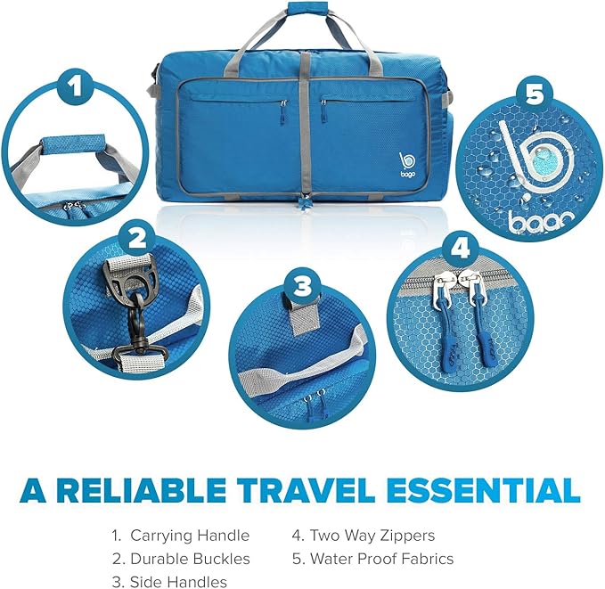 Bago Large Foldable Duffel Bags for Traveling Women & Men - 120L Packable Duffle Bag for Travel with Shoe Compartment - Water Repellant, Heavy Duty, Lightweight Folding & Collapsible (Blue)