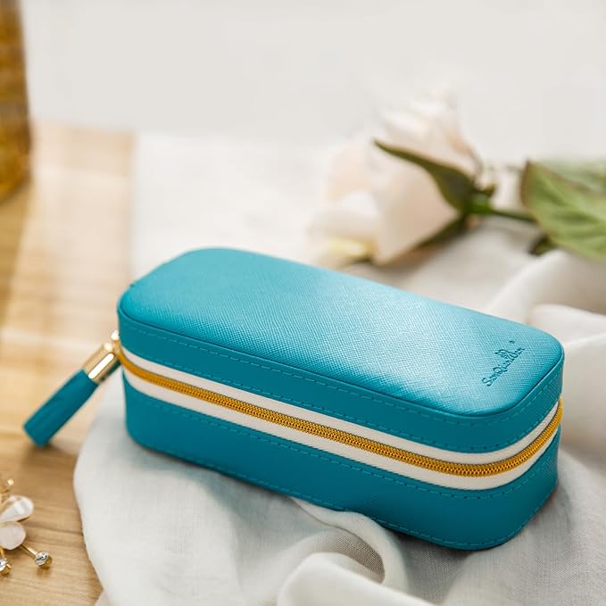 BONNY DODO Small Travel Jewelry Organizers Box for women with PU Leather Portable Mini Jewelry Case with compartments for Necklace Rings Earrings,Luxury Giftable boxes. (Blue green, S)