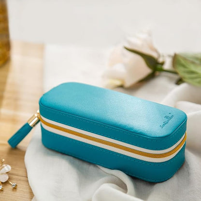 BONNY DODO Small Travel Jewelry Organizers Box for women with PU Leather Portable Mini Jewelry Case with compartments for Necklace Rings Earrings,Luxury Giftable boxes. (Blue green, S)