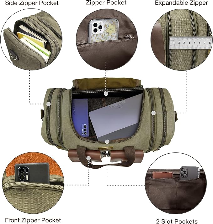 Wildroad 60L Travel Duffel Bag, Expandable Canvas Genuine Leather Duffle Bag Upgraded Overnight Weekender Bag Carry on Bag