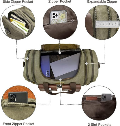 Wildroad 60L Travel Duffel Bag, Expandable Canvas Genuine Leather Duffle Bag Upgraded Overnight Weekender Bag Carry on Bag