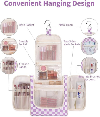 Narwey Checked Hanging Travel Toiletry Bag for Women, Travel Bag for Toiletries, Makeup Bag Organizer Cosmetic Bags Make Up Bags for Women (Purple Checkerboard)