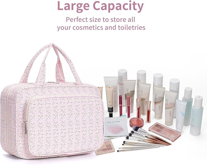 Narwey Travel Toiletry Bag for Women Large Hanging Makeup Bag Organizer Toiletries Bag for Full Size Essentials Accessories Cosmetics (Pink Flower Buds (Large))