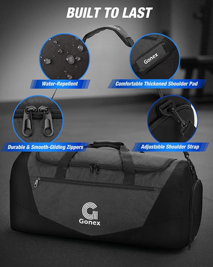 Gonex Gym Duffel Bag with Shoe Compartment Wet Pocket, Large Capacity Sports Duffle Bag for Men Women, Workout & Travel Bag with Multiple Pockets, Black, Large (100L)