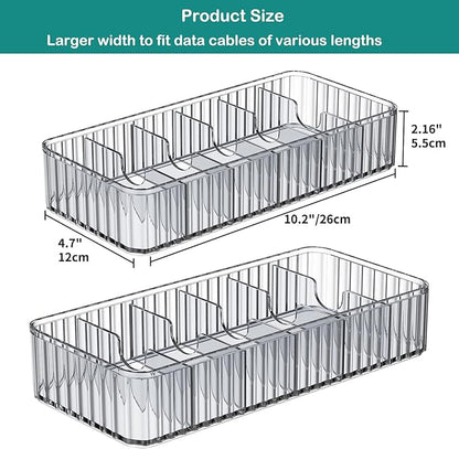 Cable Storage Boxes Organizers 2 Pack,Cord Charger Storage Organizer Box Case with 20pcs Cable Ties,Stackable,Clear