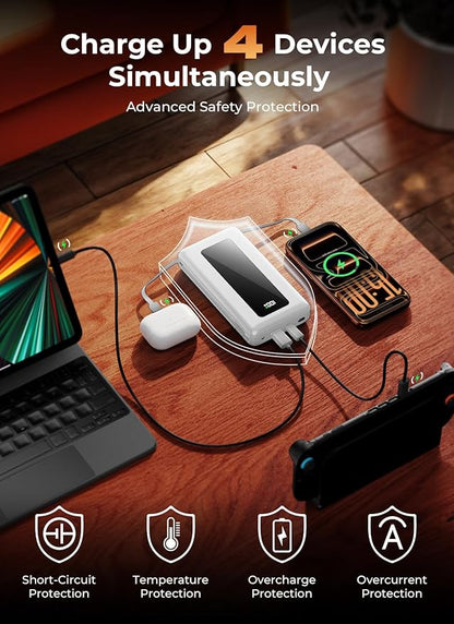 Portable Charger Power Bank, 50000mAh Travel Camping Essential Battery Pack with Built-in Cables, PD 22.5W Fast Charging, Large Capacity Portable Phone Charger for iPhone, White