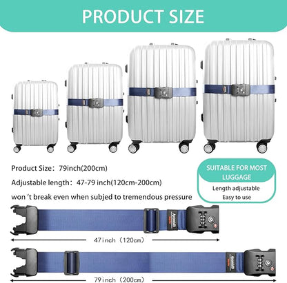 Luggage Strap Belt for 20"-32" Suitcase with TSA Approved 3-Dial Combination Lock Wide Adjustable Packing Straps Travel Accessories, Blue