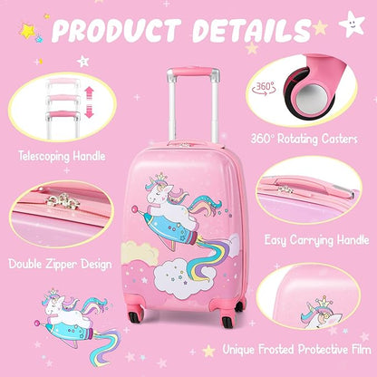 KOTEK Kids Carry On Luggage Set, 18" Hardside Rolling Suitcase with Spinner Wheels, Travel Rolling Luggage for Boys Girls (Pink Unicorn)
