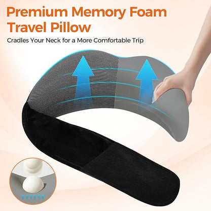Memory Foam Neck Pillow for Airplane Travel - Ergonomic Support for Long Flights, Car Rides, Office & Home Use - Includes Contoured Eye Mask & Head Support - Adjustable Sizes M-L (Black)