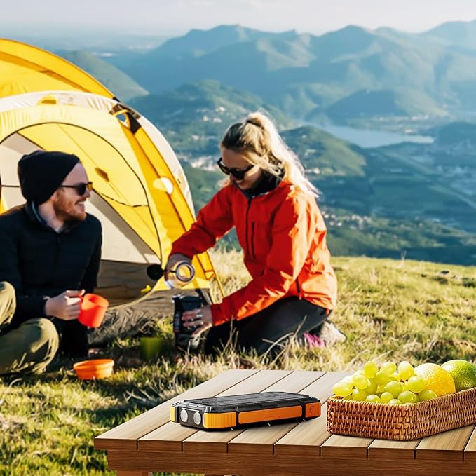 WONGKUO Solar Charger Power Bank - 49800mAh Solar Phone Charger with USB-C in/Output, QC 3.0 Fast Charging with LED Flashlight, Built-in 4 Cables, IP65 Waterproof Fits for Outdoor (Matte Orange)