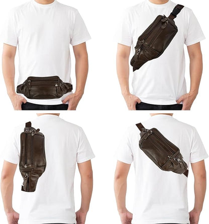 Leather Fanny Pack for Men Women,Genuine Leather Waist Belt Bag with Adjustable Strap Belt Hip Bag with Multi-Pockets for Travel Sports Running Cycling Hiking (brown)